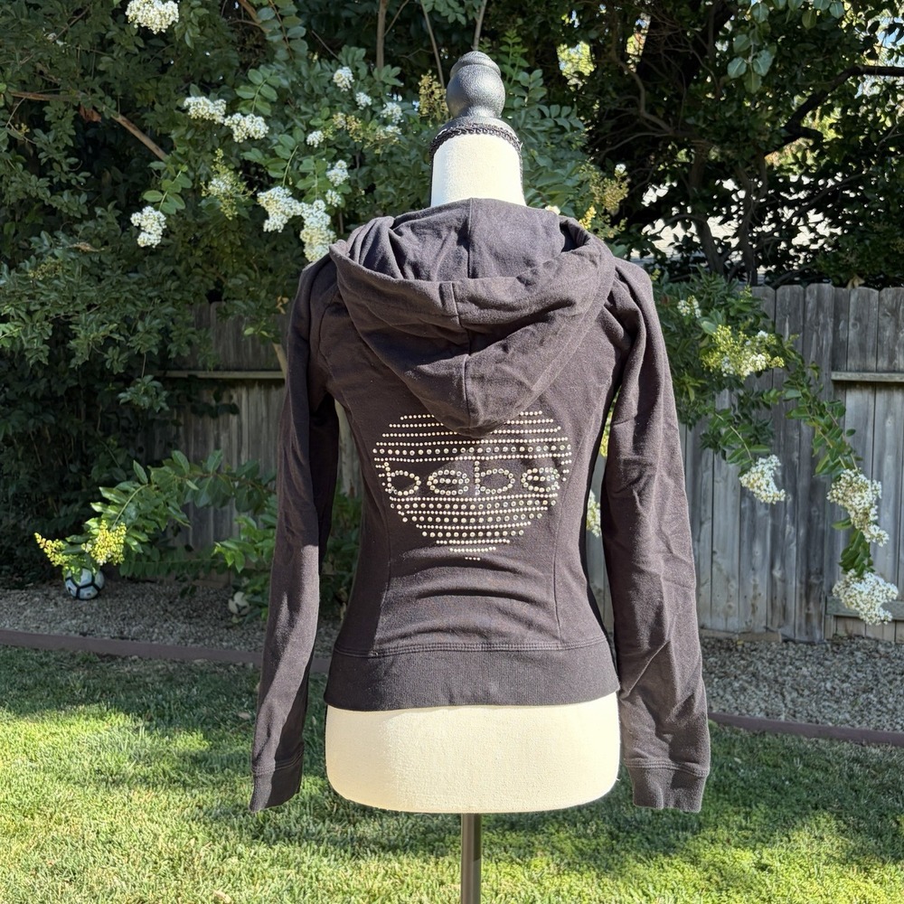 Vintage Y2K Bebe Black Hoodie Rhinestone Full Zip Size Small Cotton